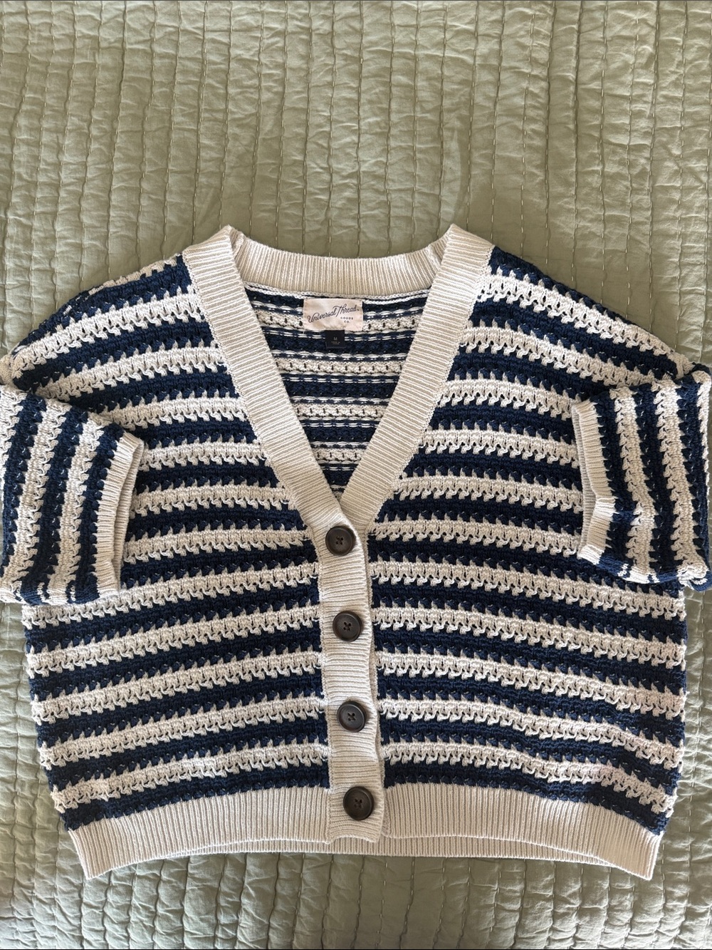 Universal Thread Navy and Cream Striped V-Neck Button Cardigan